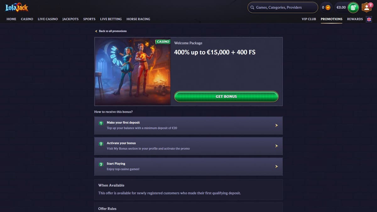 Welcome bonus package LolaJack Casino