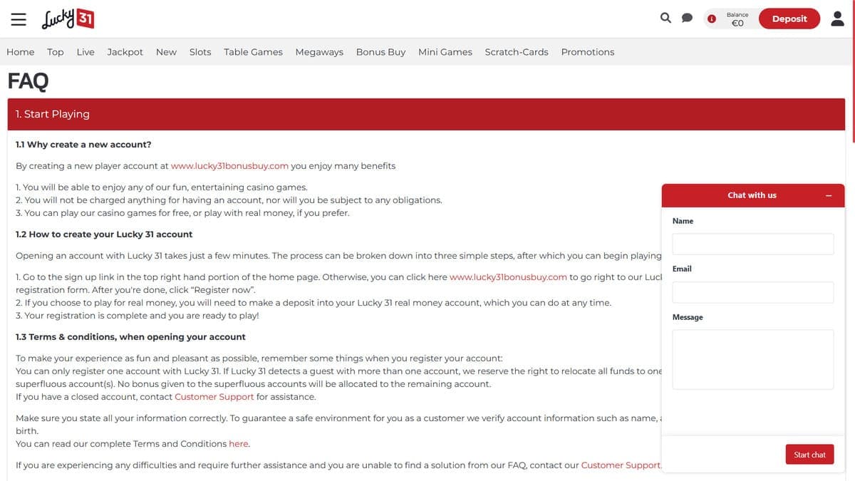 FAQ Lucky 31 Casino