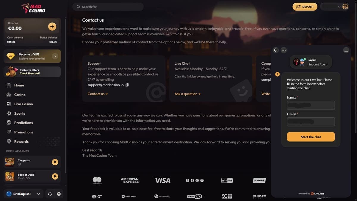 Customer support Mad Casino