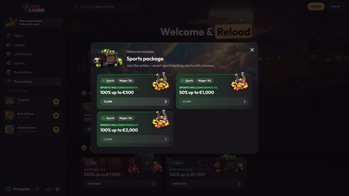 Sport welcome bonus Mad Casino