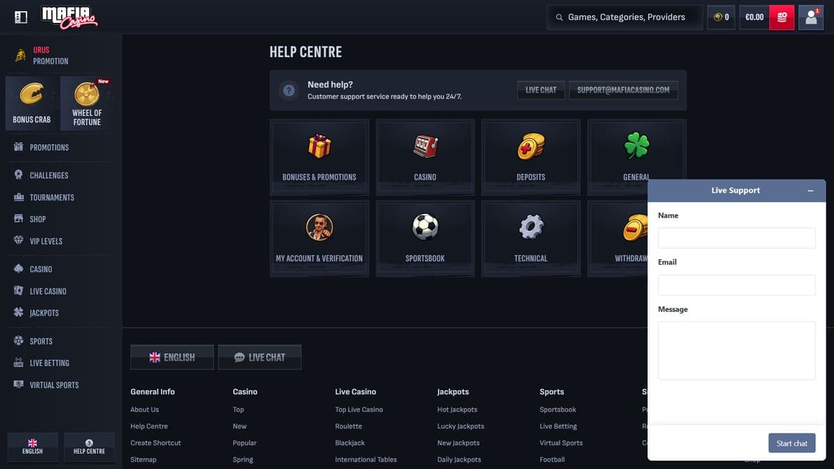 Help centre Mafia Casino
