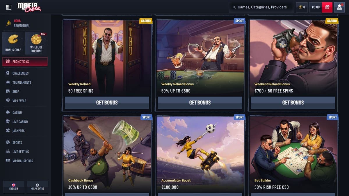 Promotions section Mafia Casino