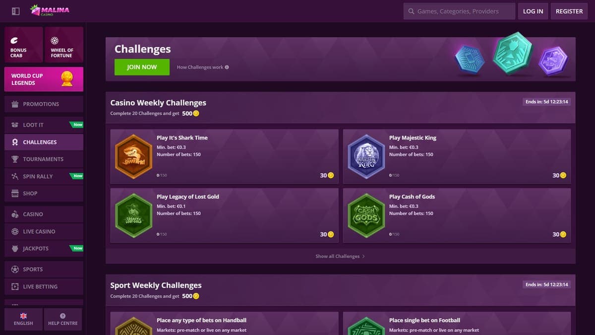 Challenges Malina Casino
