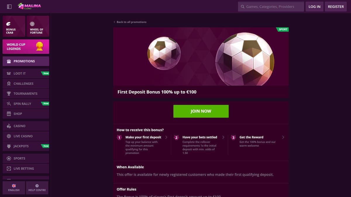 First deposit bonus Malina Casino