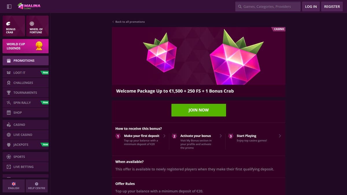 Welcome bonus Malina Casino