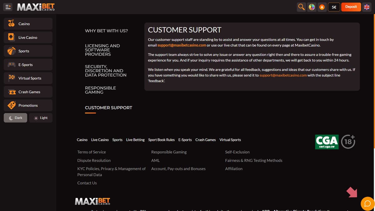 Customer service Maxibet Casino