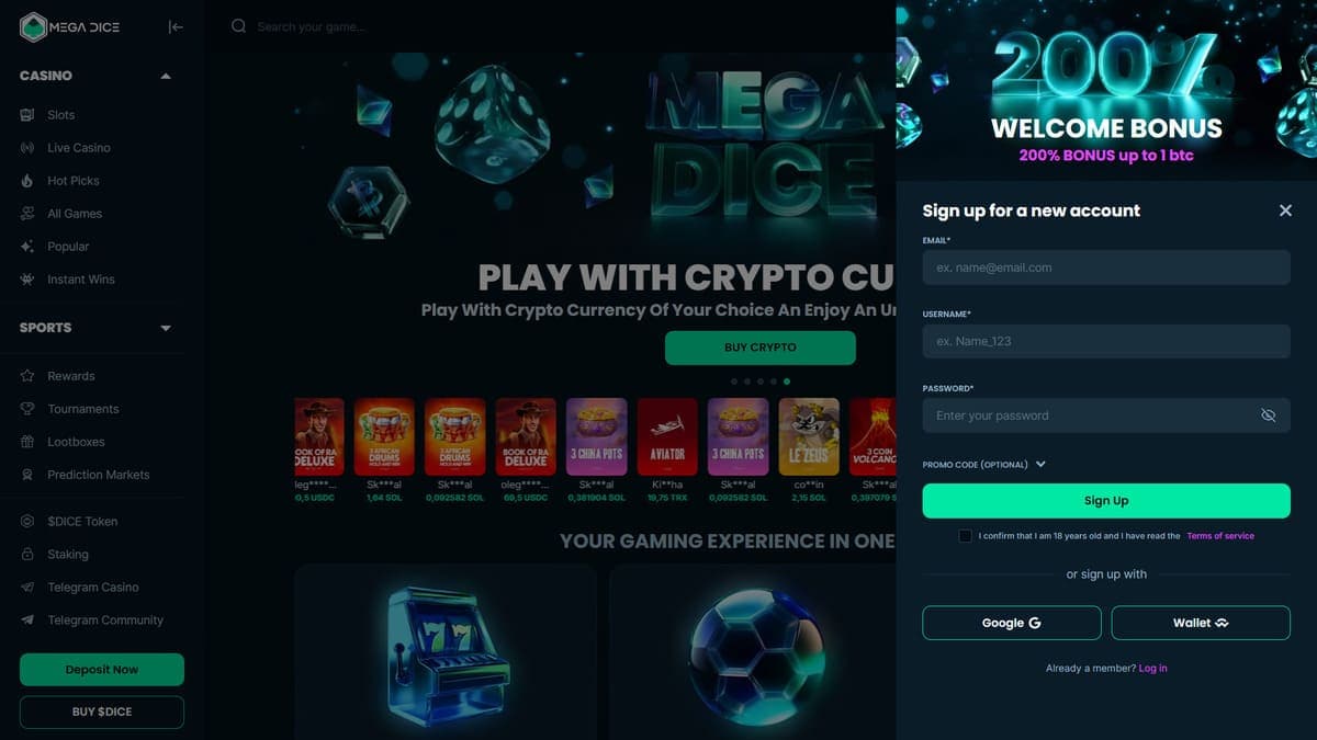 Registration Mega Dice Casino