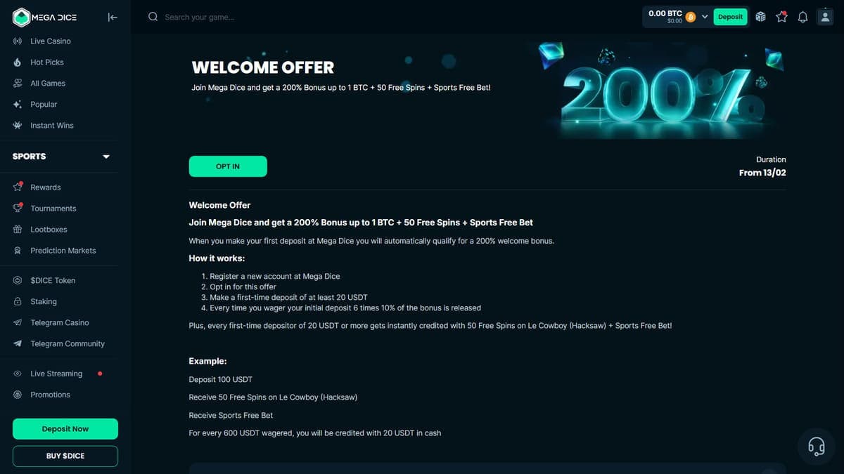 Welcome bonus Mega Dice Casino