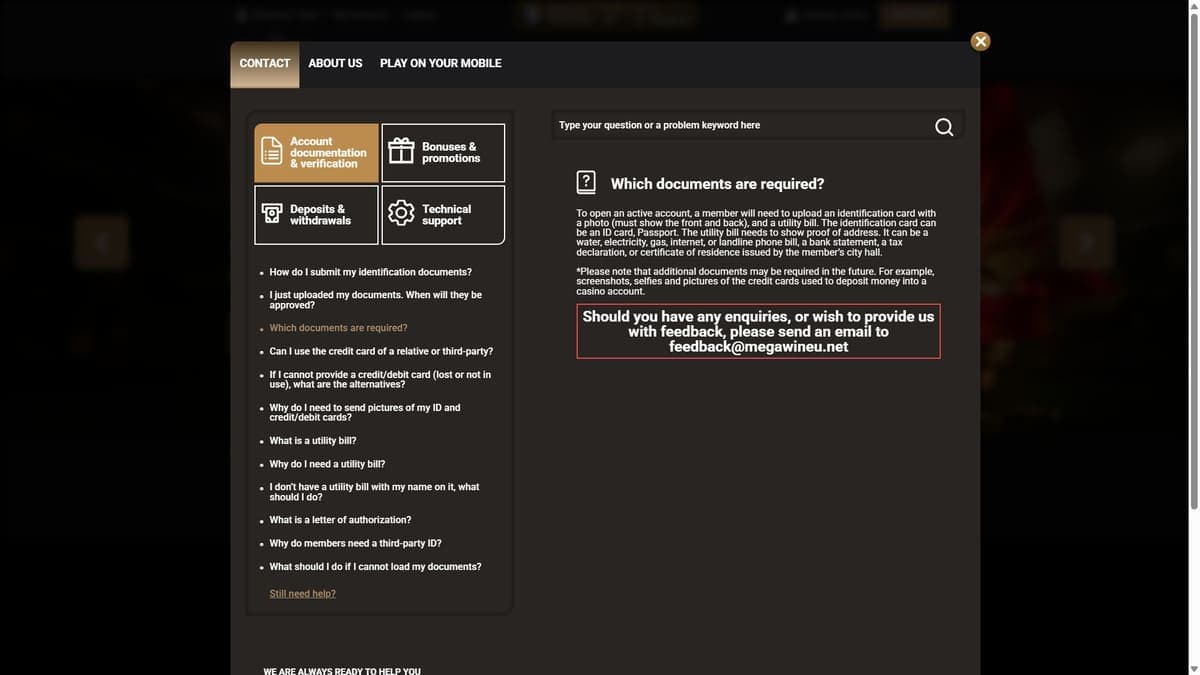 Servicio de atención al cliente Mega Win Casino