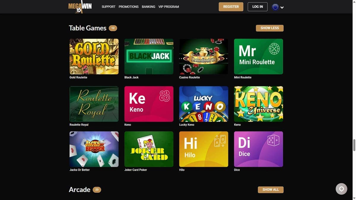 Juegos de mesa Mega Win Casino