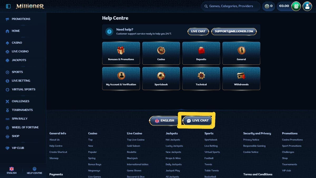 Customer support Millioner Casino