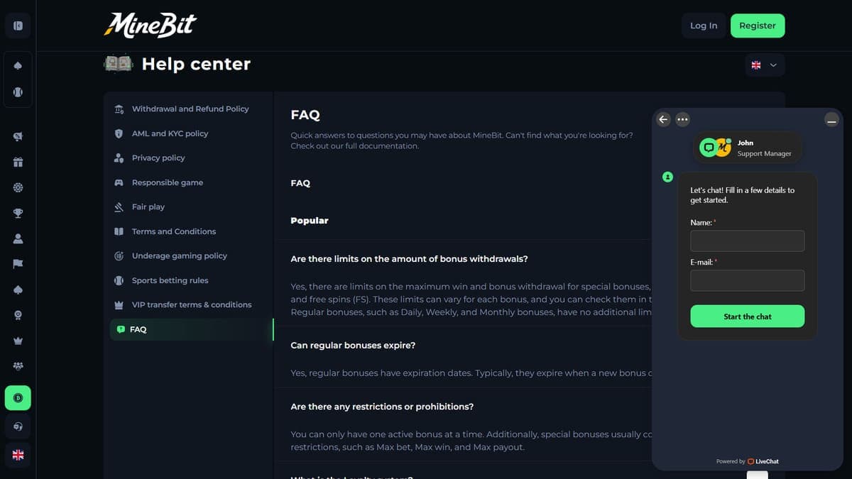 Customer service Minebit Casino