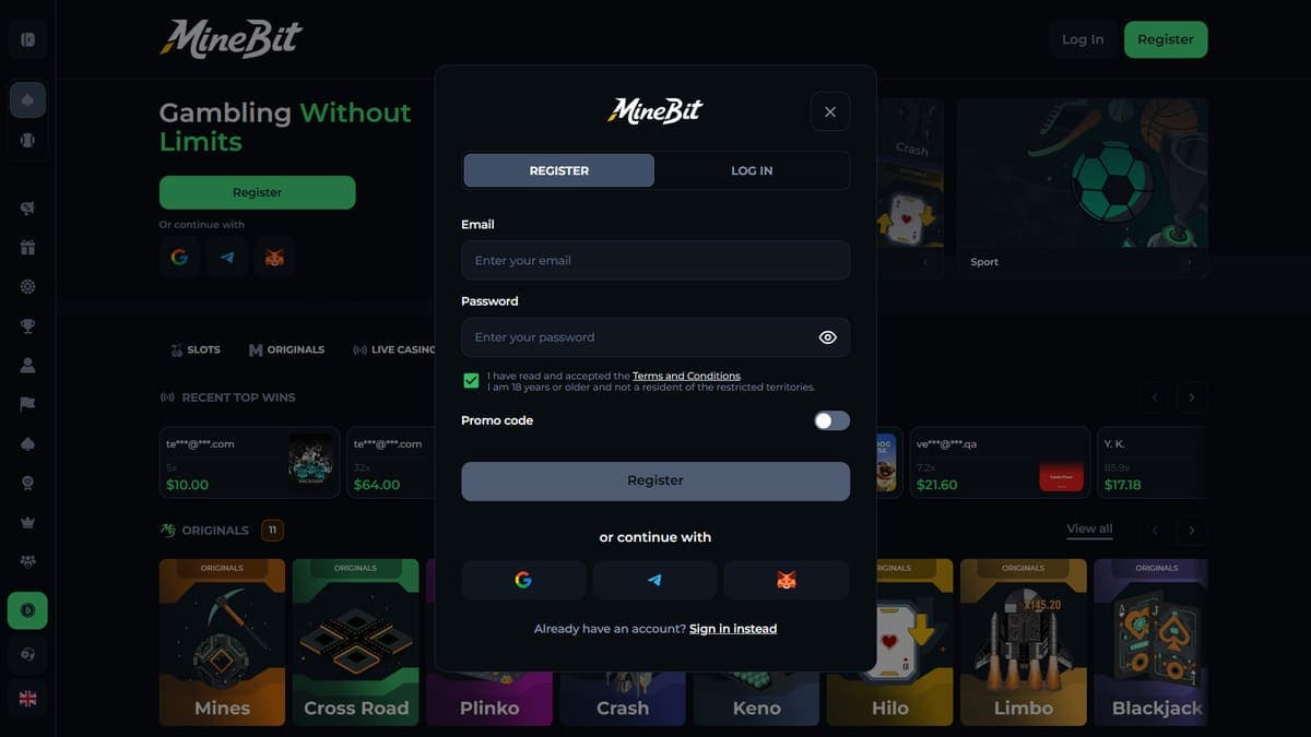 Sign up Minebit Casino
