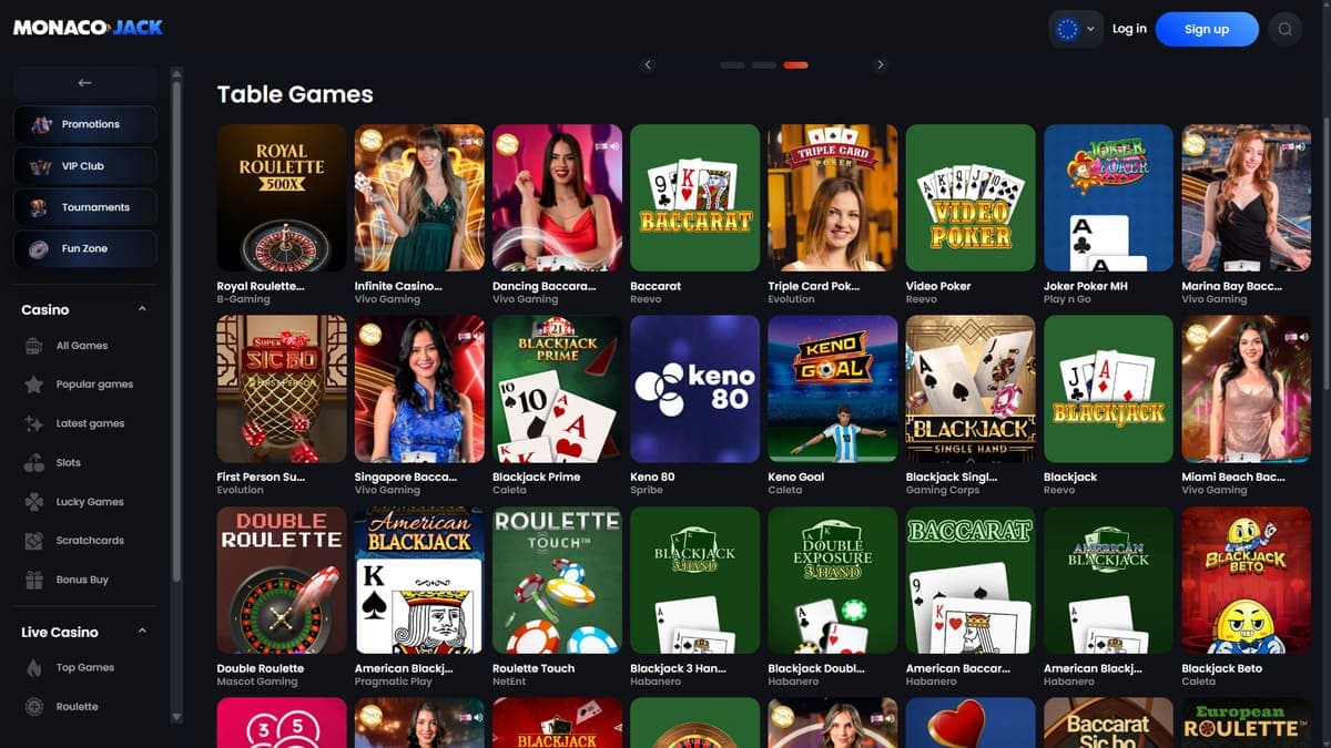 Table games Monaco Jack Casino