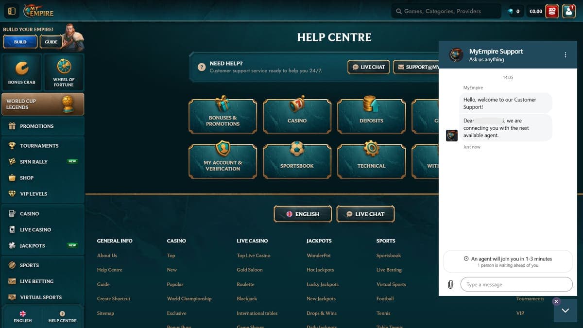 Customer service My Empire Casino