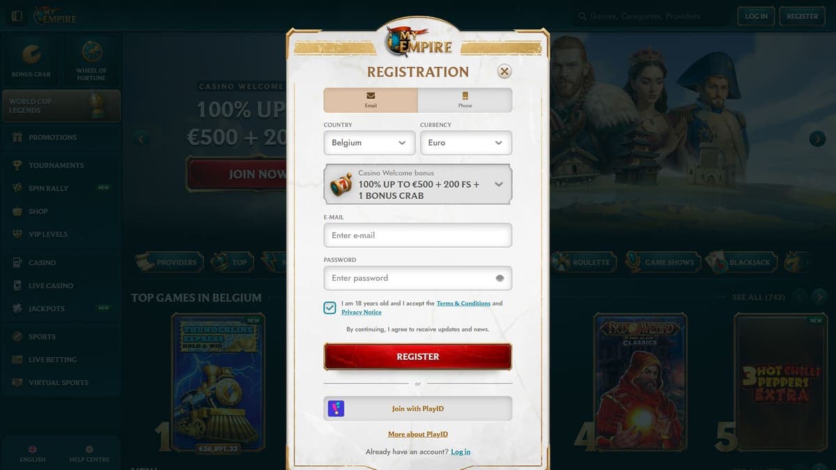 Registration My Empire Casino