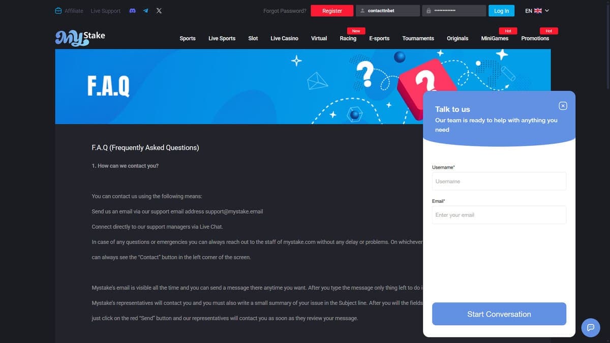 Customer service MyStake Casino