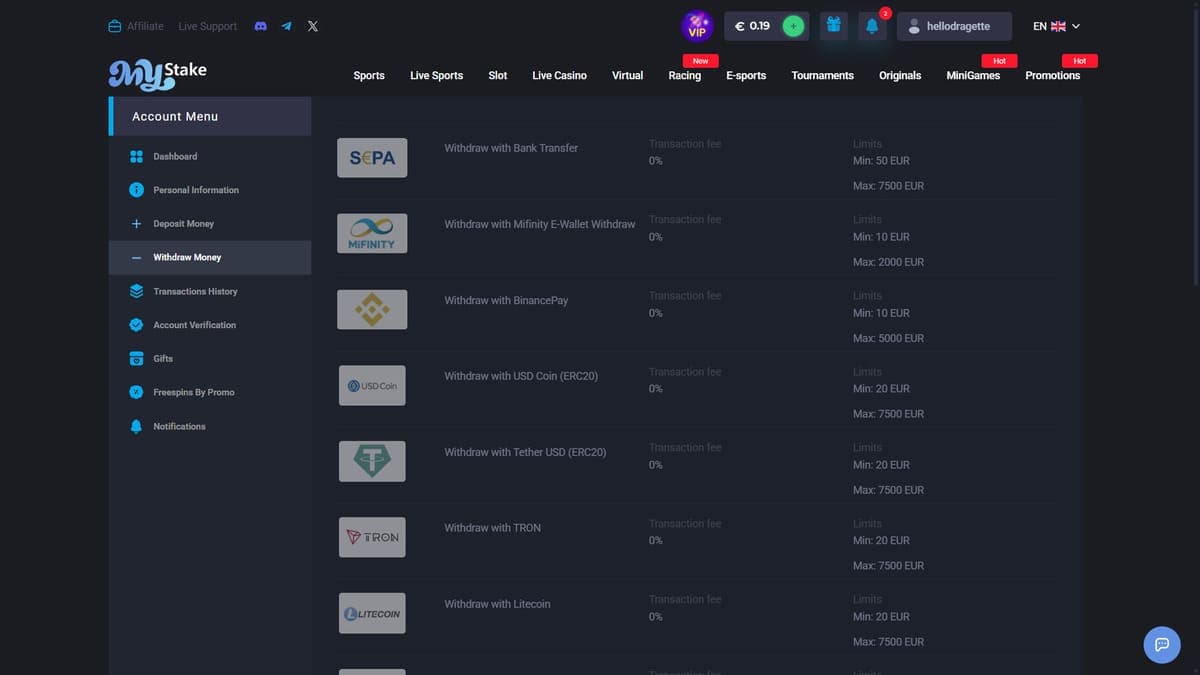 Withdrawal MyStake Casino