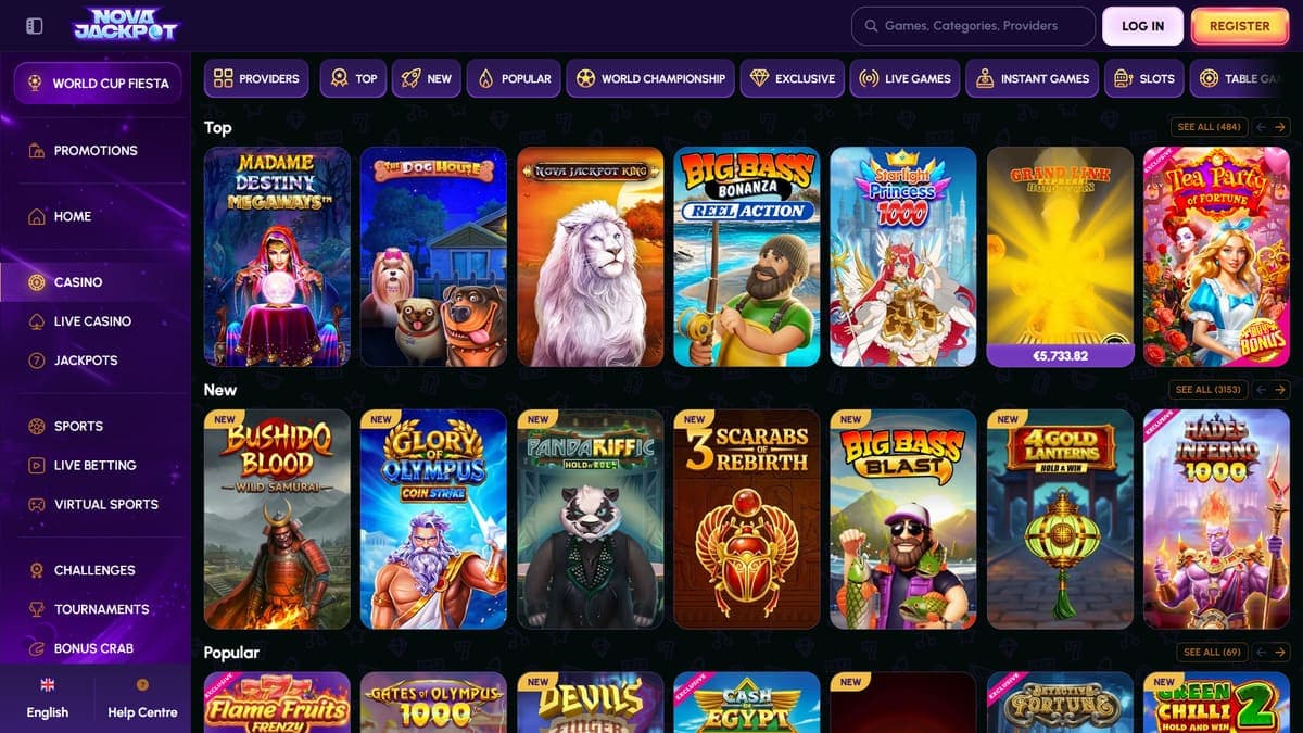 Casino lobby NovaJackpot Casino