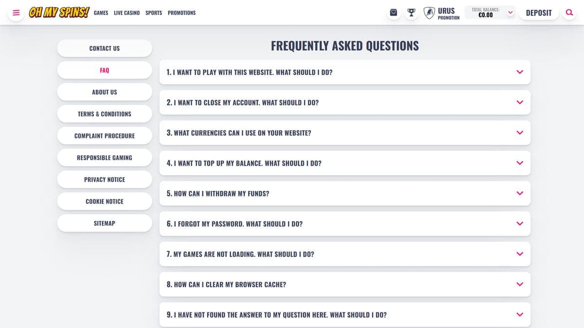 FAQ OhMySpins Casino