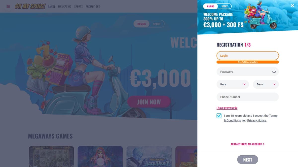 Registration OhMySpins Casino