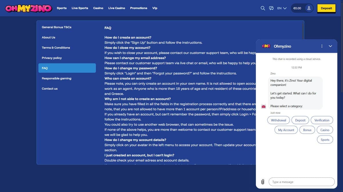 Customer service OhMyZino Casino