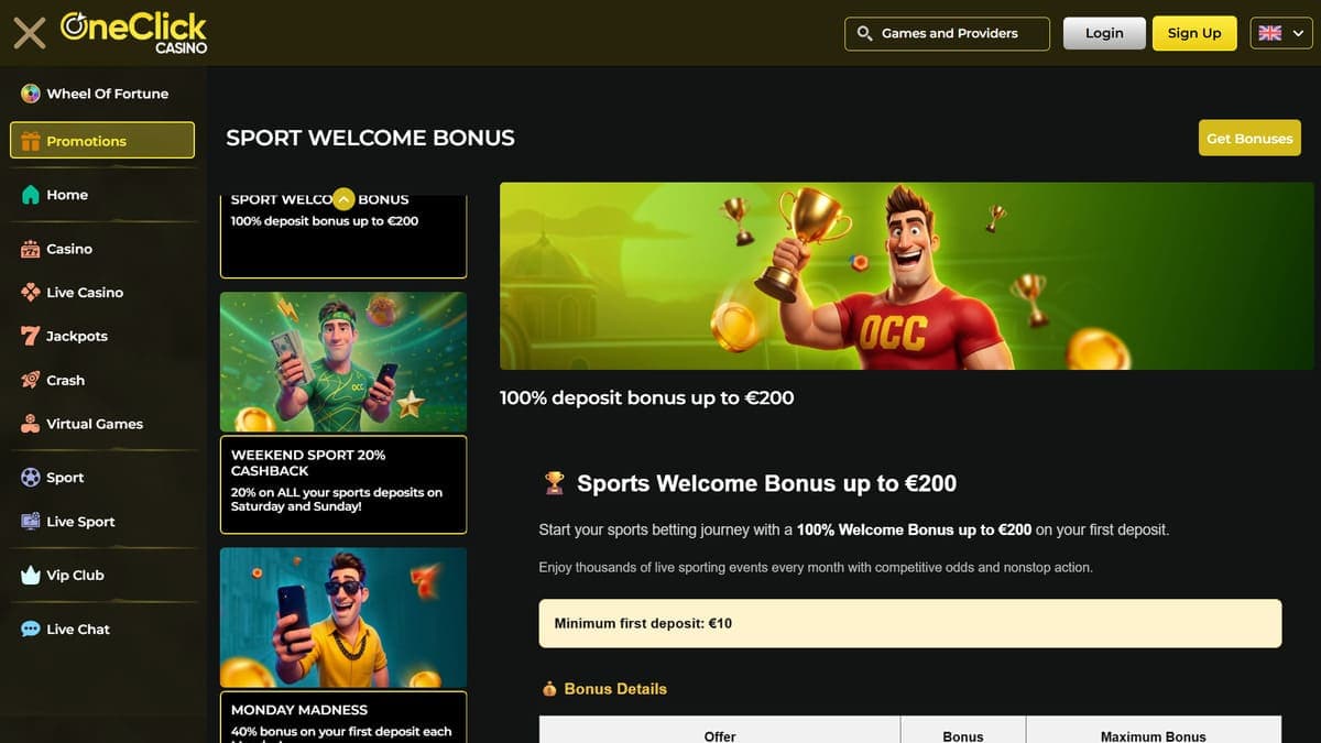 Sports welcome bonus OneClick Casino