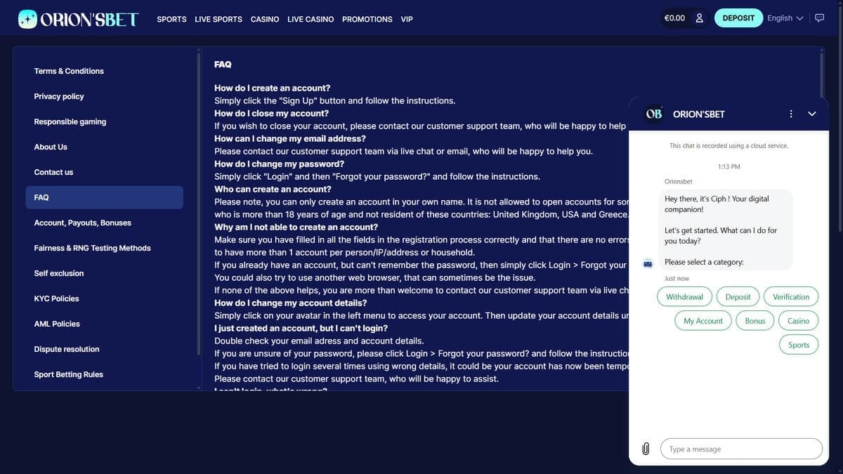 Customer service OrionsBet Casino