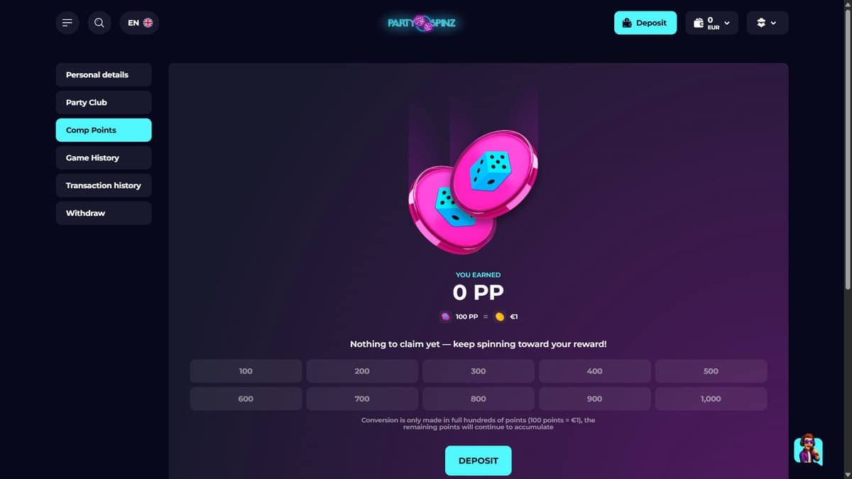Party points PartySpinz Casino
