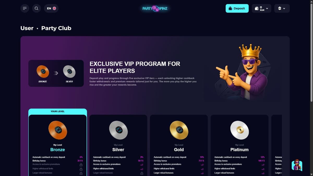 VIP programme PartySpinz Casino