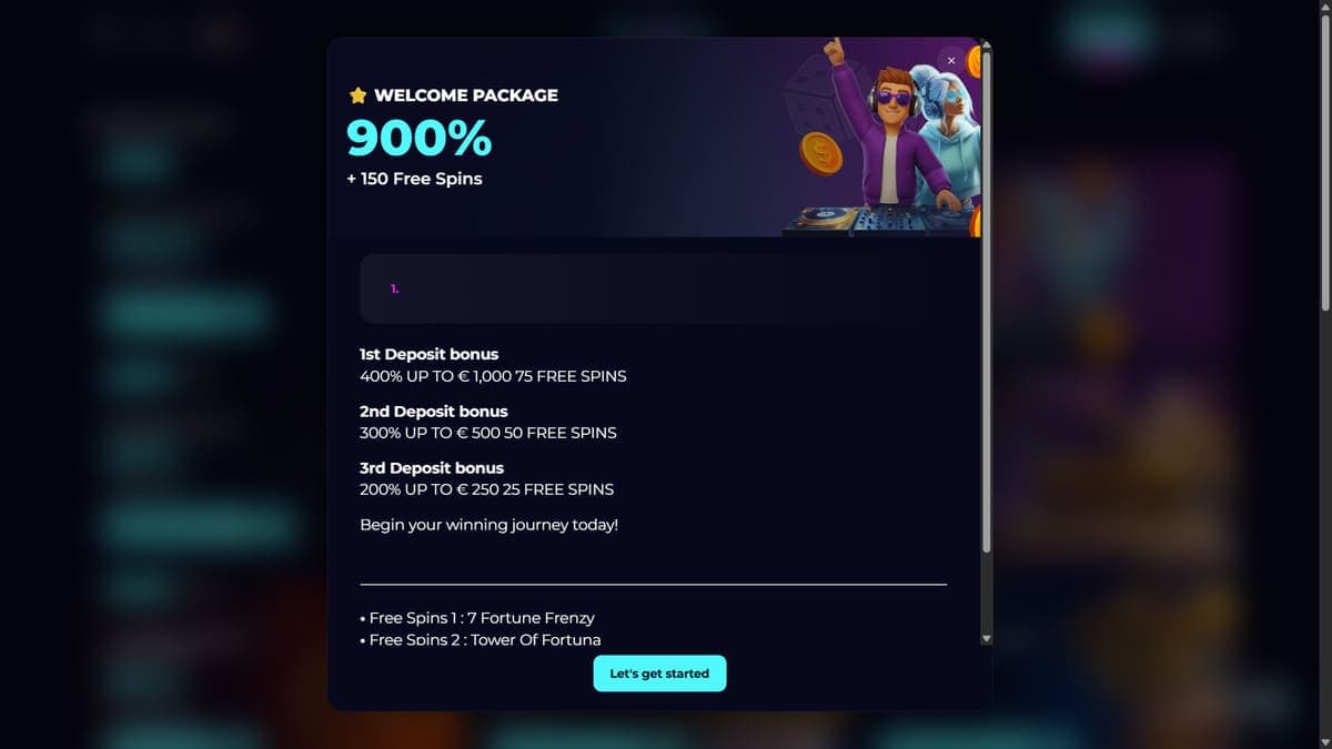 Welcome pack PartySpinz Casino