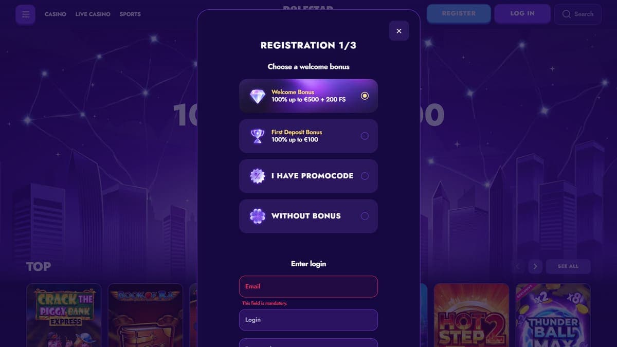 Registration PoleStar Casino