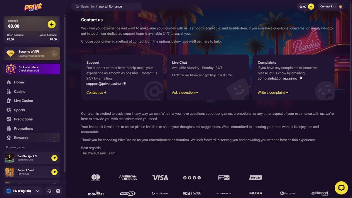 Customer service Privé casino