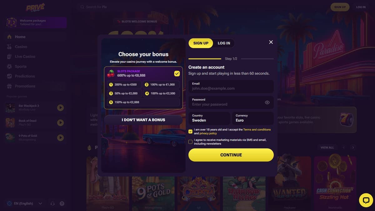 Registration Privé casino