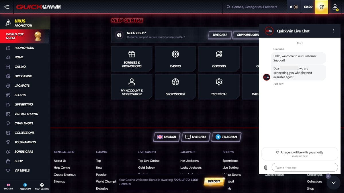 Customer service Quickwin Casino