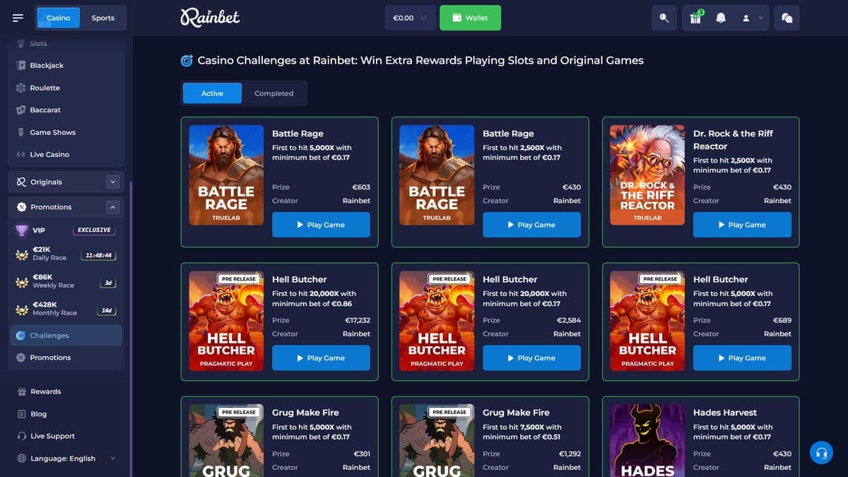 Challenges Rainbet Casino