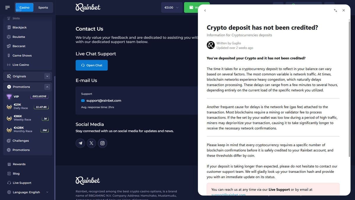 Customer service Rainbet Casino