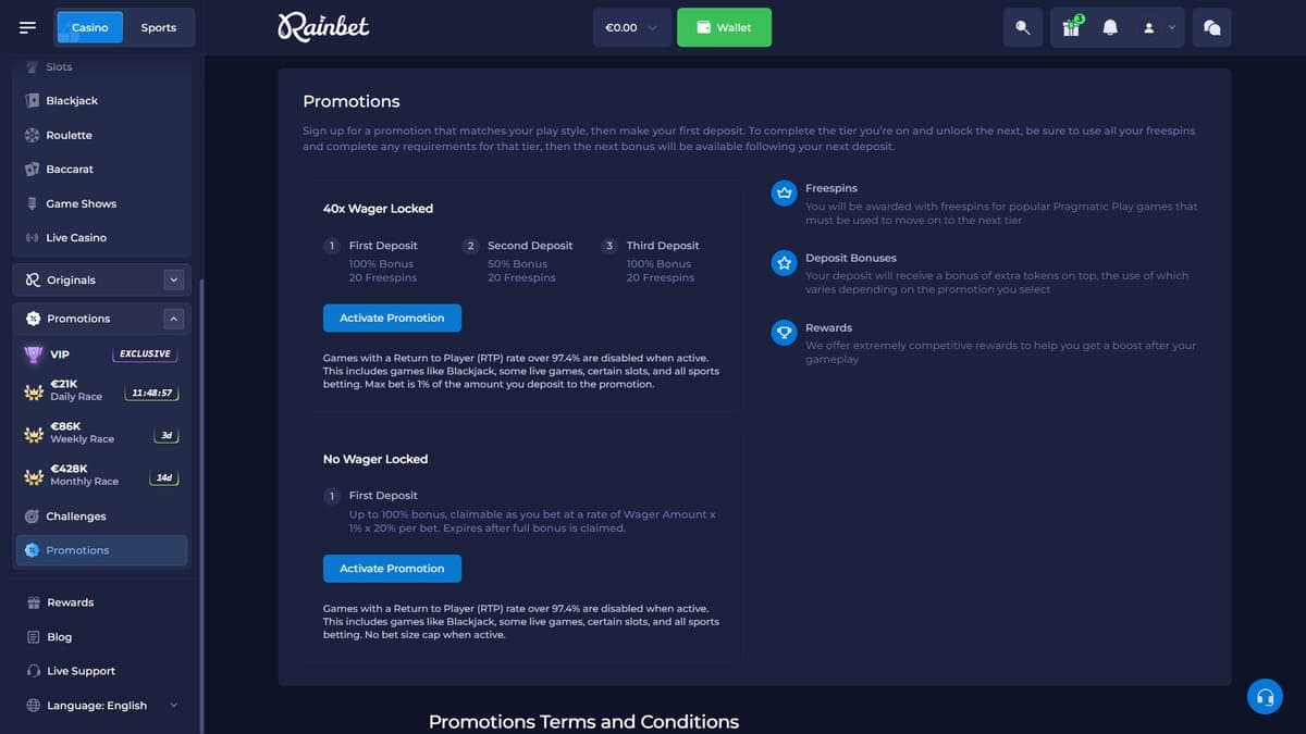 Promotions Rainbet Casino