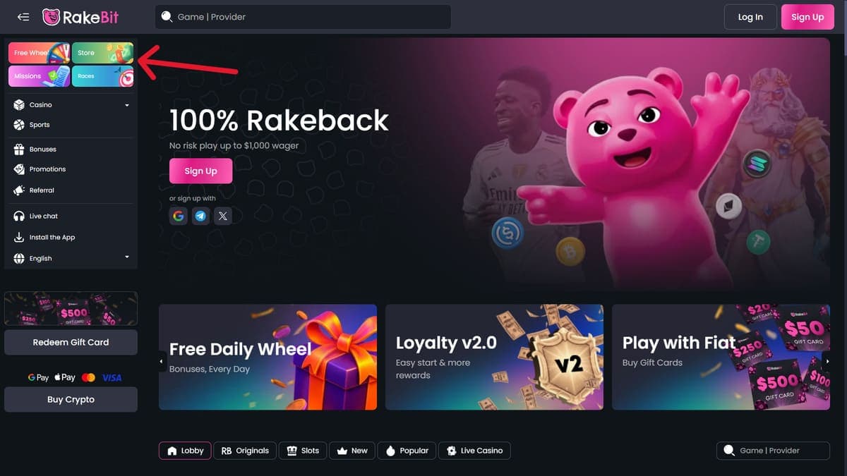 Missions, wheels, etc. Rakebit Casino