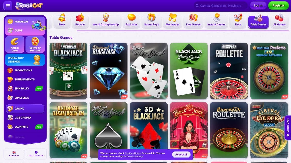 Table games casino Robocat Casino