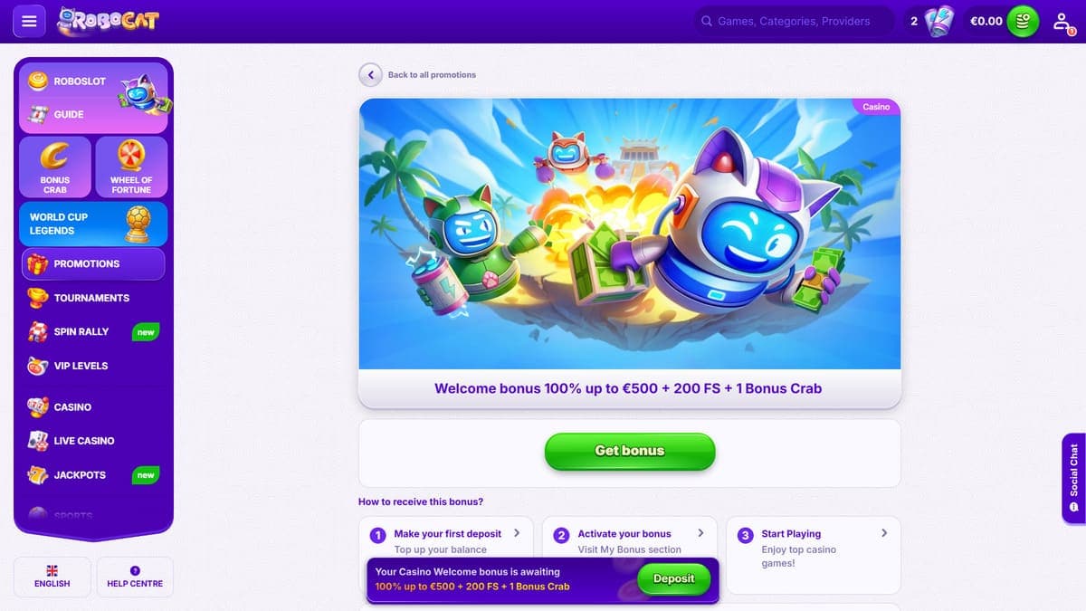 Welcome bonus casino Robocat Casino