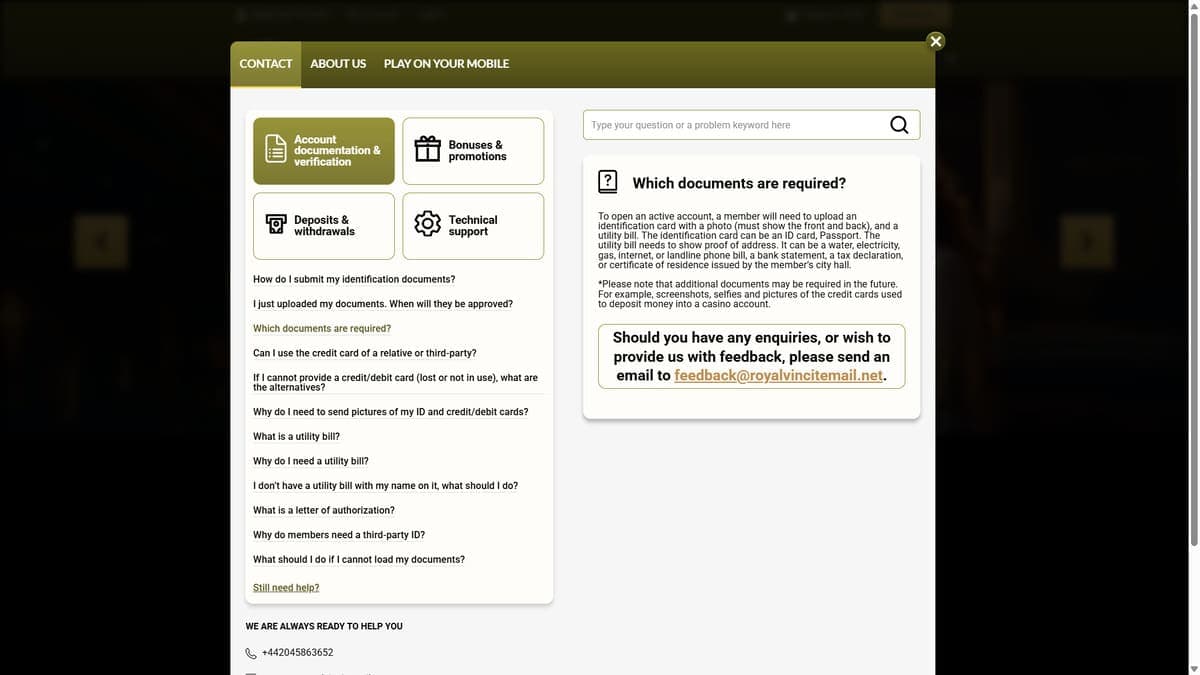 Customer service Royal Vincit Casino