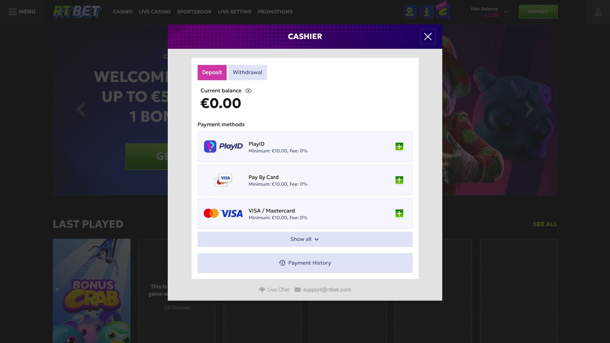 Deposit RTbet Casino