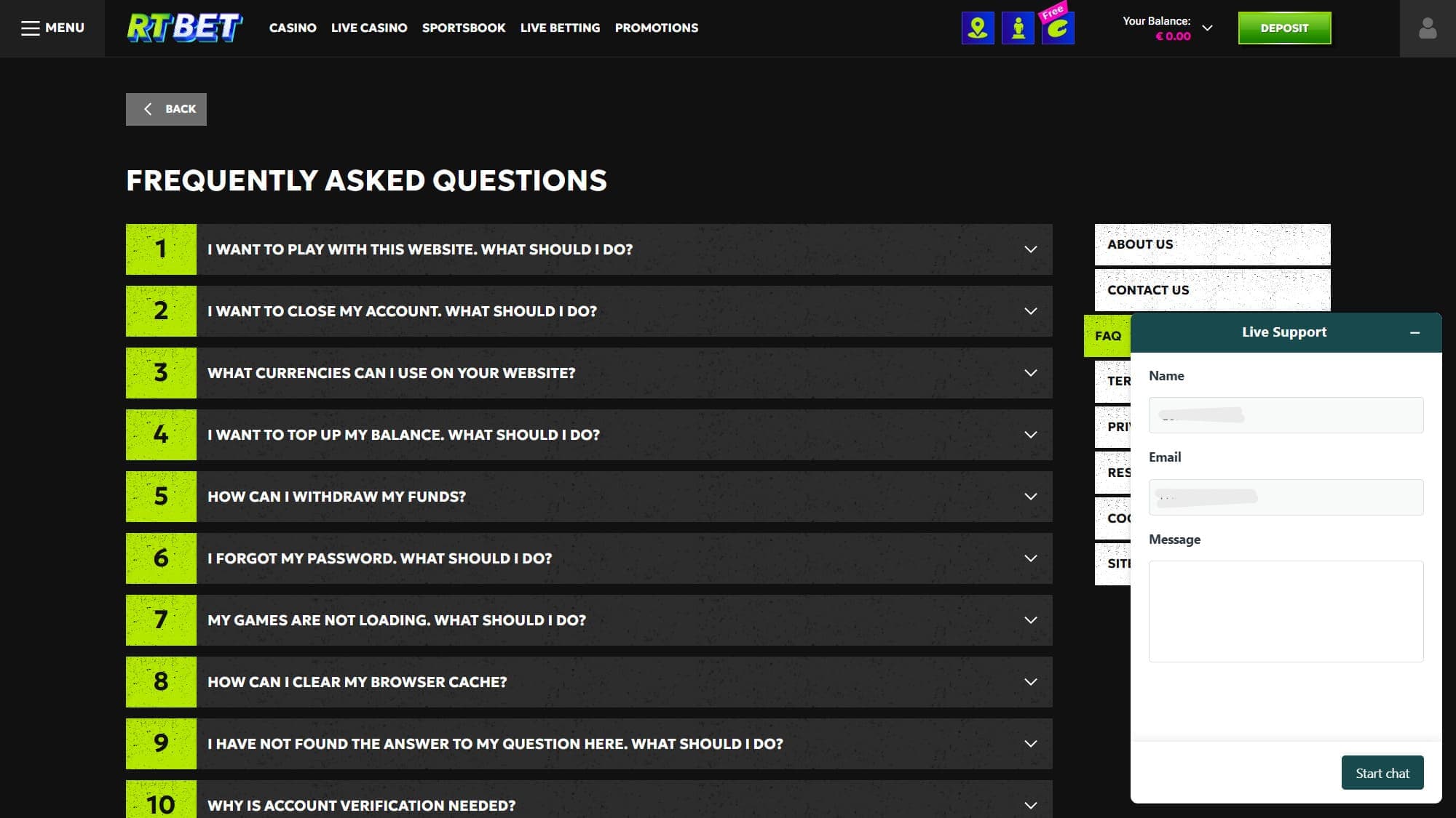 FAQ RTbet Casino