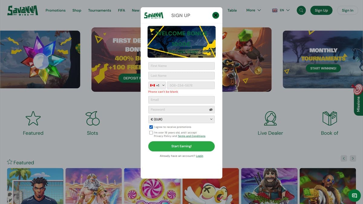 Sign up Savanna Wins Casino