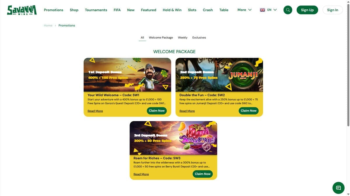 Welcome bonus Savanna Wins Casino