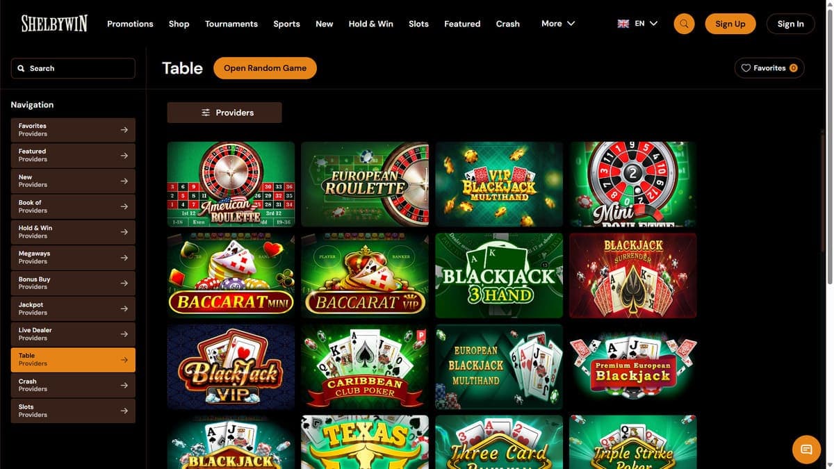 Table games ShelByWin Casino