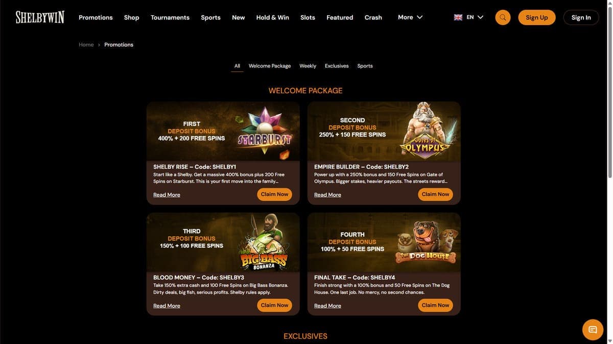 Welcome bonus package ShelByWin Casino