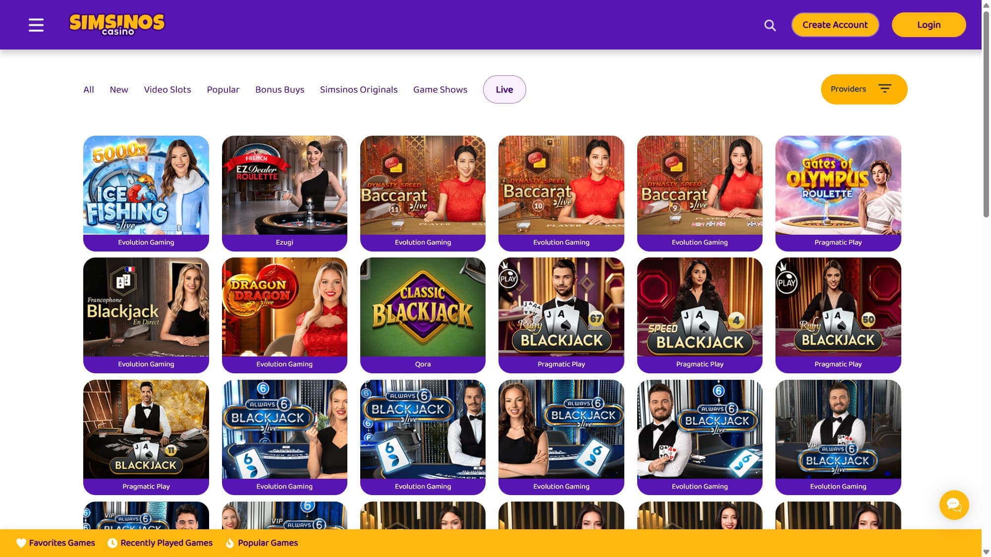 Live casino Simsinos Casino