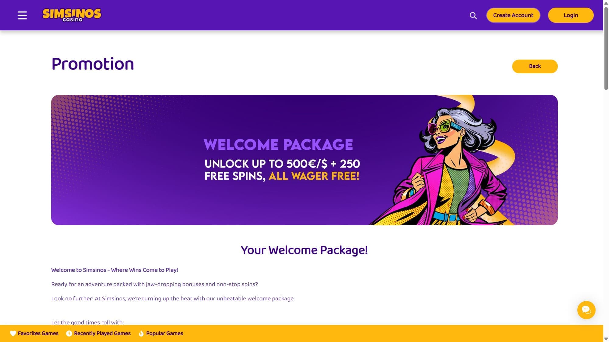 Welcome bonus Simsinos Casino